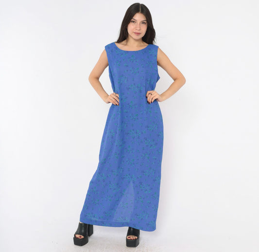 90s Leslie Fay Blue Floral Maxi Dress Sleeveless Scoop Neck Large L