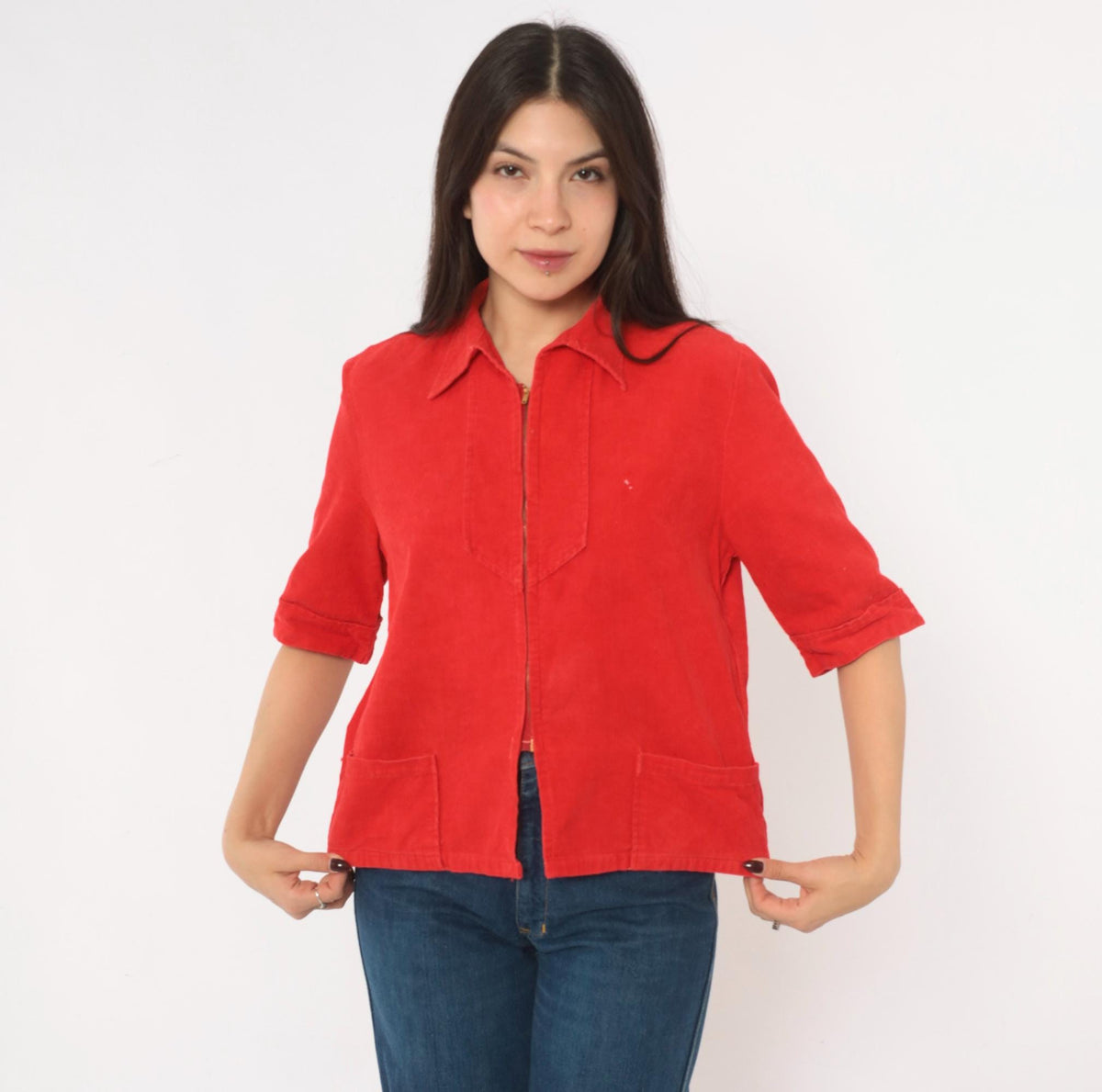 70s Red Corduroy Zip Shirt Pointed Collar Patch Pocket Cropped Blouse Small S