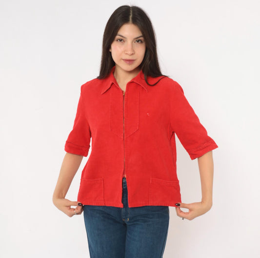 70s Red Corduroy Zip Shirt Pointed Collar Patch Pocket Cropped Blouse Small S
