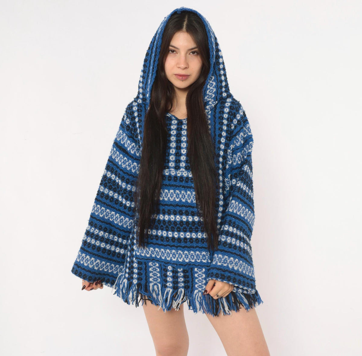90s Cobalt Blue Baja Hoodie Woven Stripe Kangaroo Pocket Unisex Large