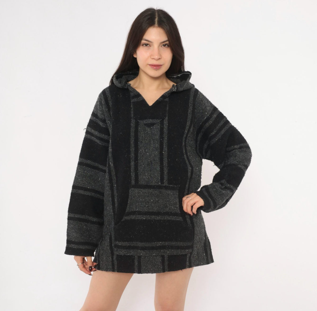 Y2K Peyote Baja Hoodie Black Grey Striped Woven Cotton Kangaroo Pocket Extra Large XL