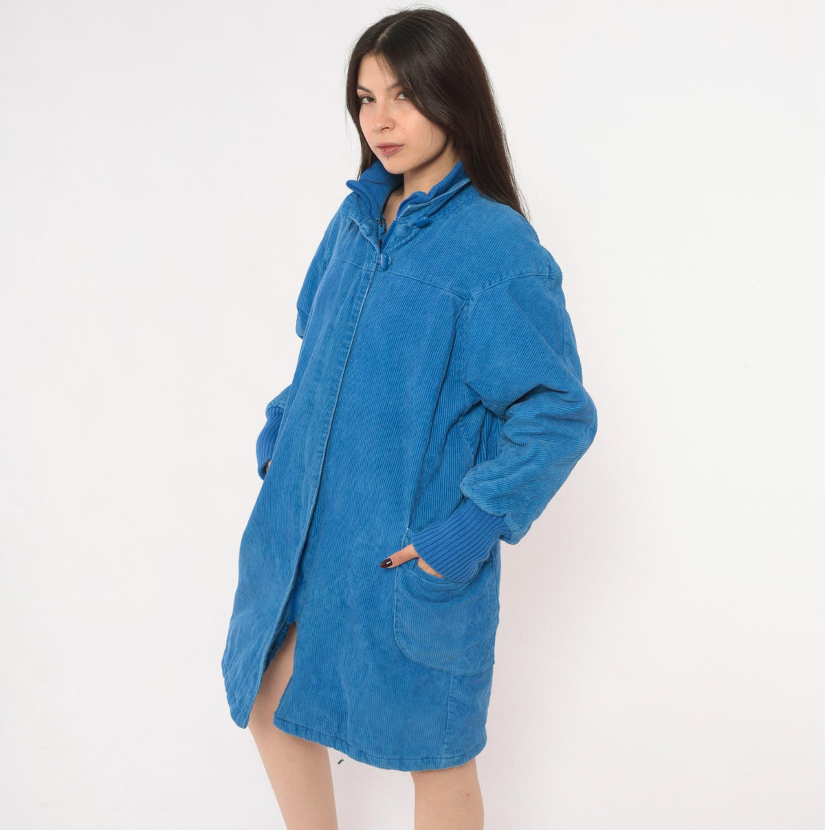 80s Windy Weather Corduroy Coat Blue Zip Front Stand Collar Large L