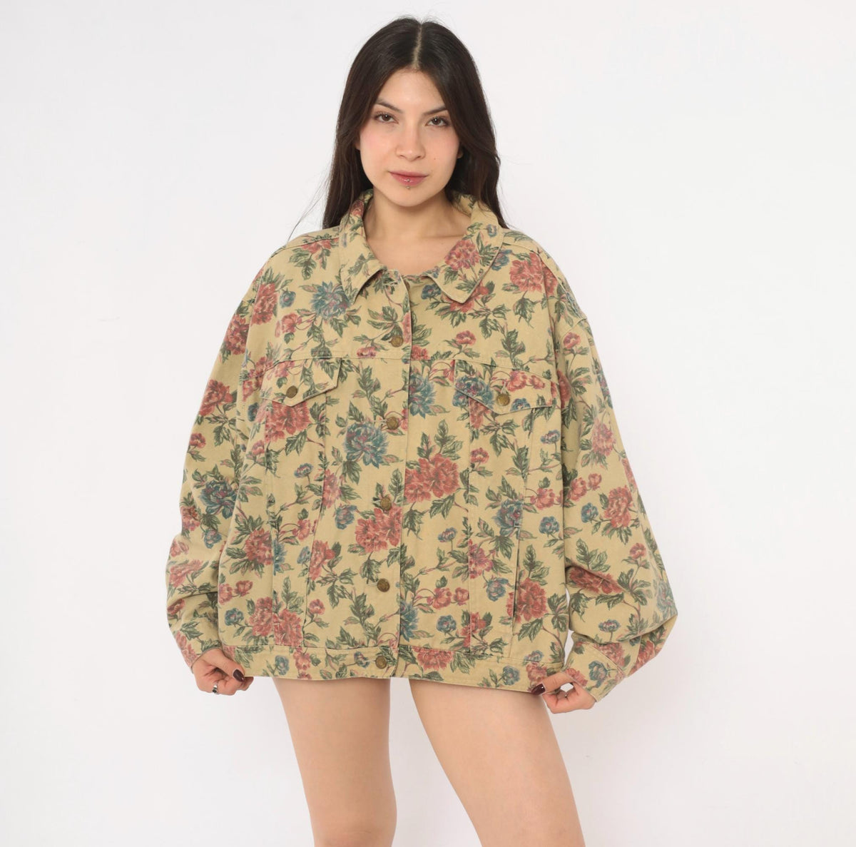 90s Woolrich Floral Denim Jacket Beige Cotton Canvas Pink Rose Print Extra Large XL