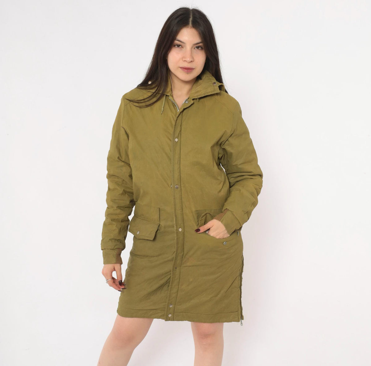 60s Olive Hooded Parka Jacket Nylon Military Field Coat Snap Zip Small
