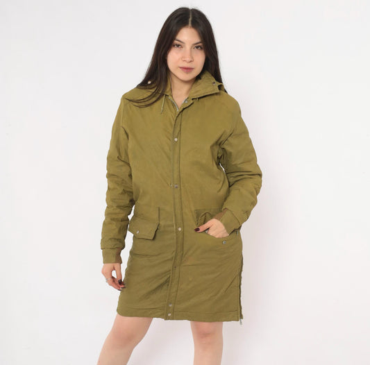 60s Olive Hooded Parka Jacket Nylon Military Field Coat Snap Zip Small