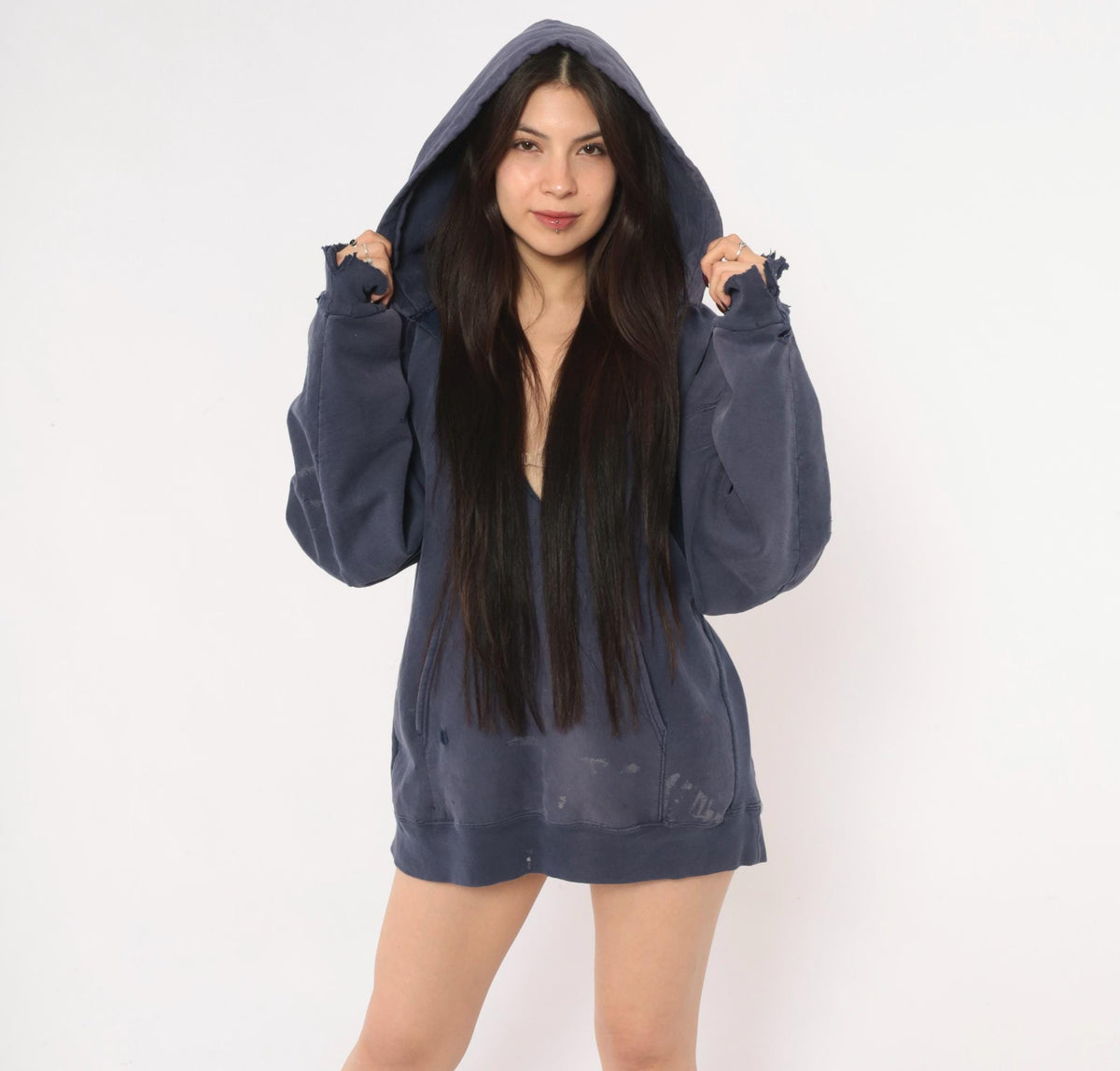 Y2K Carhartt Navy Hooded Sweatshirt Distressed Raglan Cotton Large