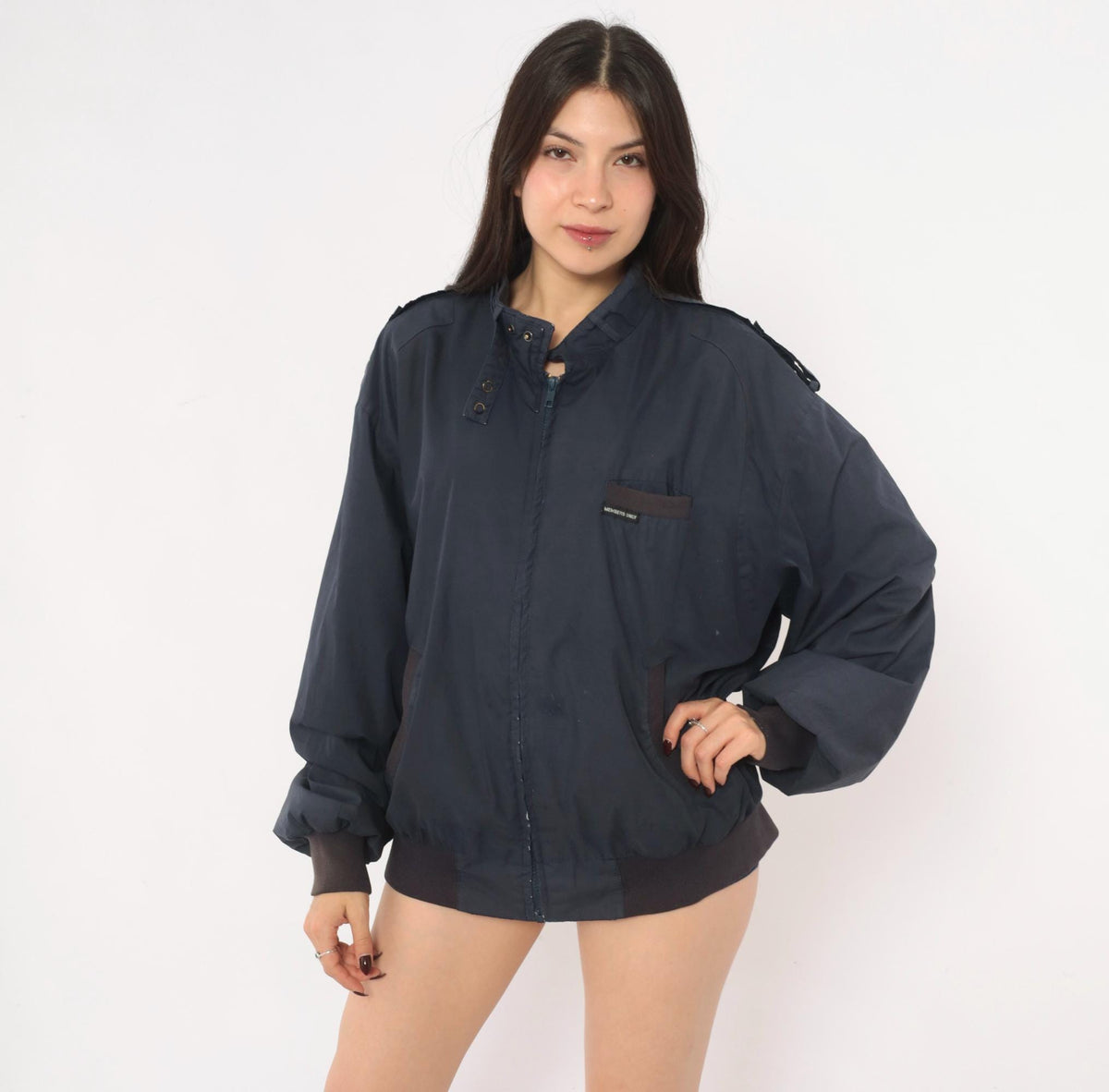 80s Members Only Bomber Jacket Navy Blue Zip Front Stand Collar Large L