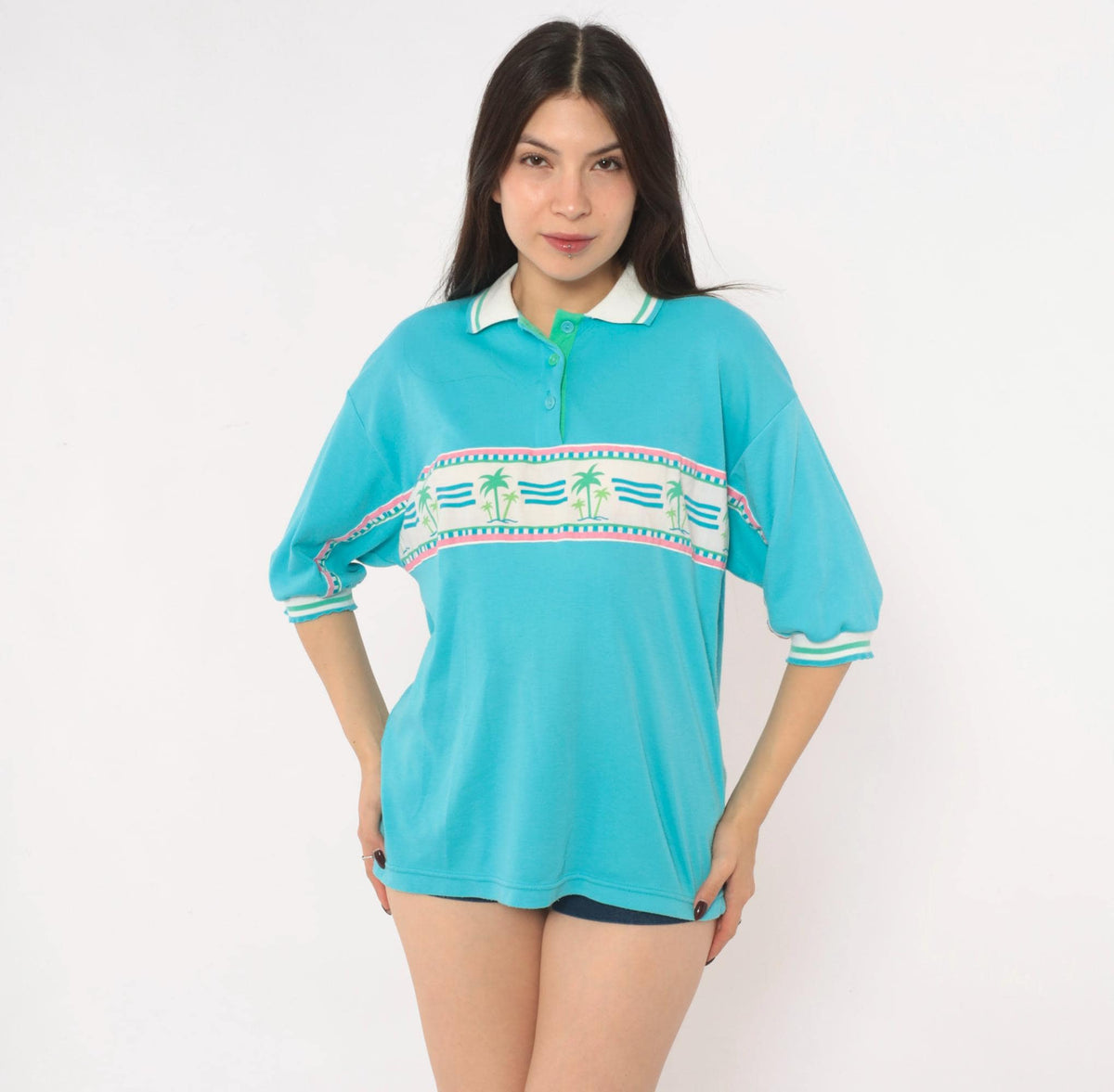 90s Pykettes Palm Tree Polo Shirt Turquoise Three Quarter Sleeve Medium