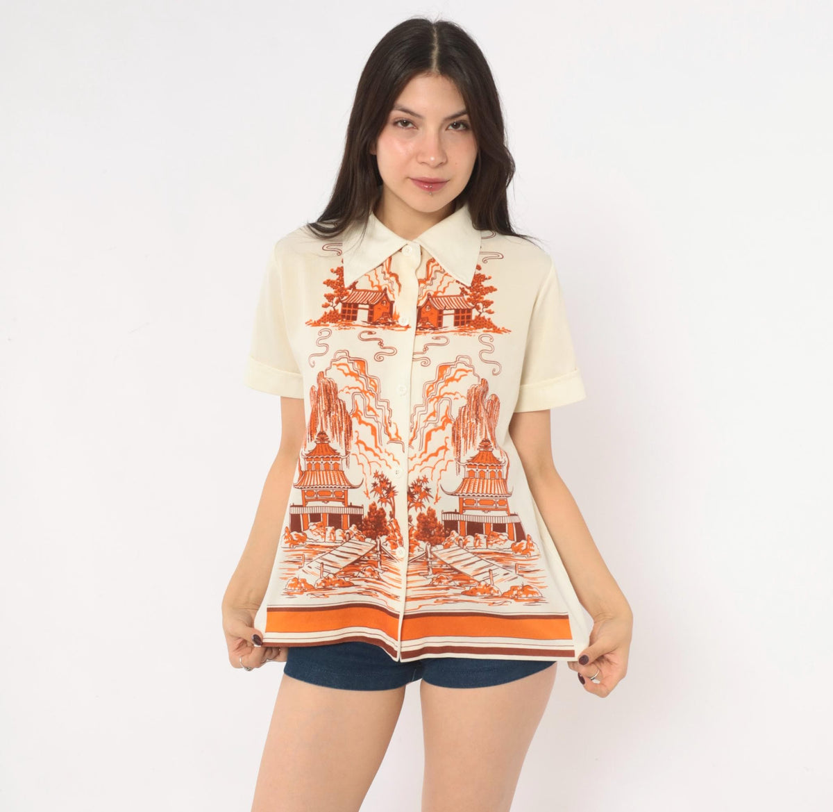 70s Pagoda Willow Tree Scenic Print Blouse Cream Orange Pointed Collar Medium