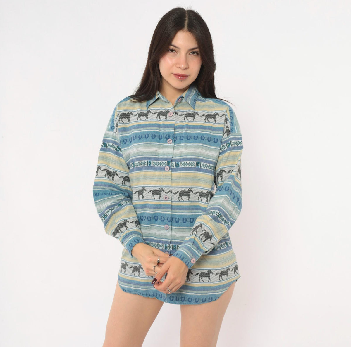 90s CM Company Horse Print Western Shirt Blue Cream Striped Cotton Small