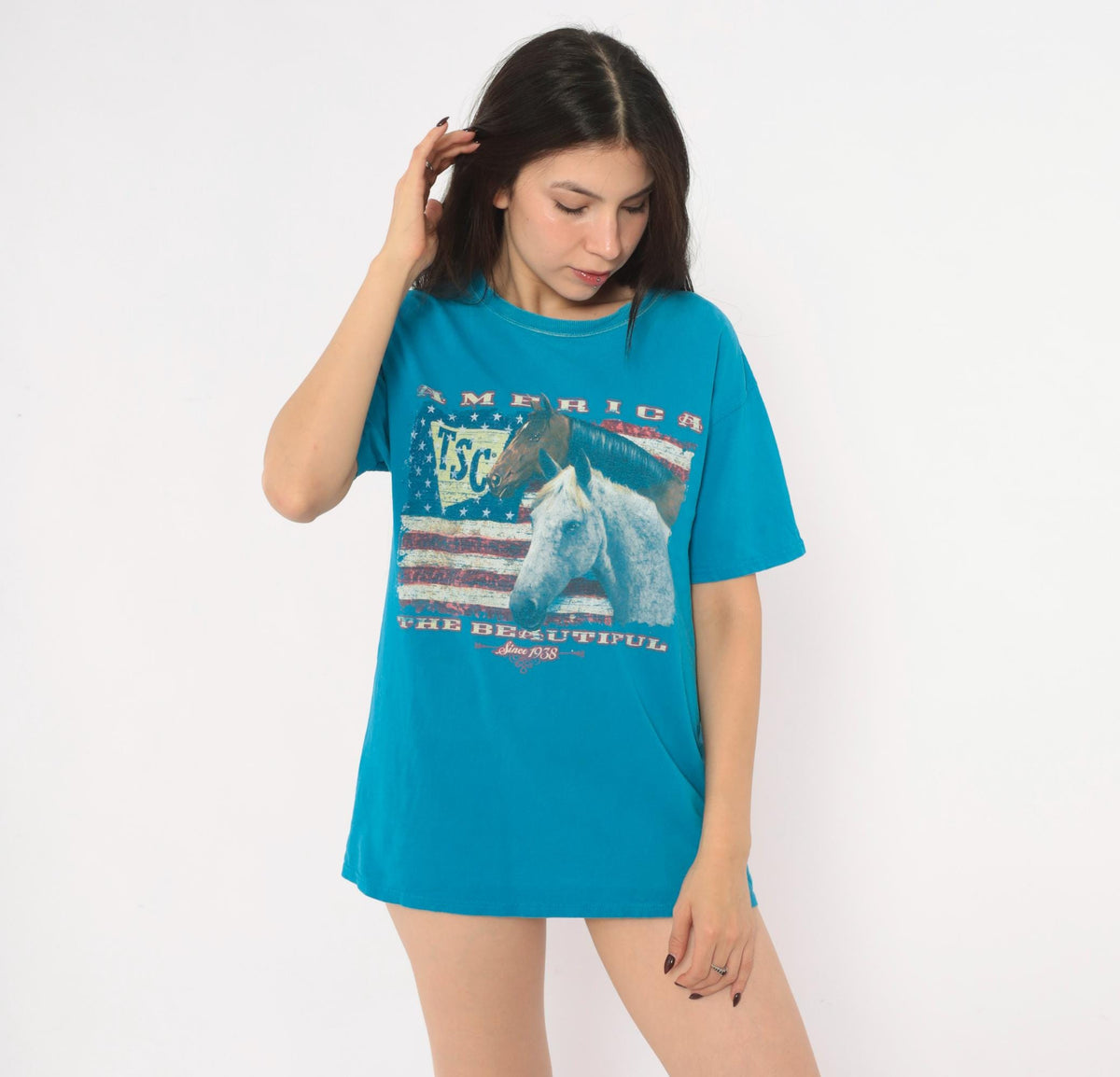 Y2K Horse Graphic Tee Teal Blue American Flag Western Cowgirl Medium M