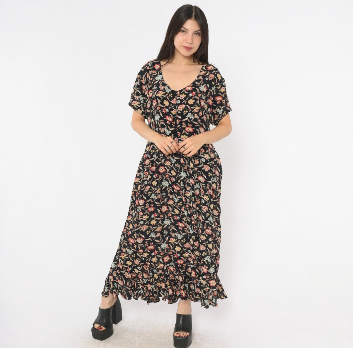 90s Contempo Casuals Black Floral Midi Dress Button Front V Neck Large L
