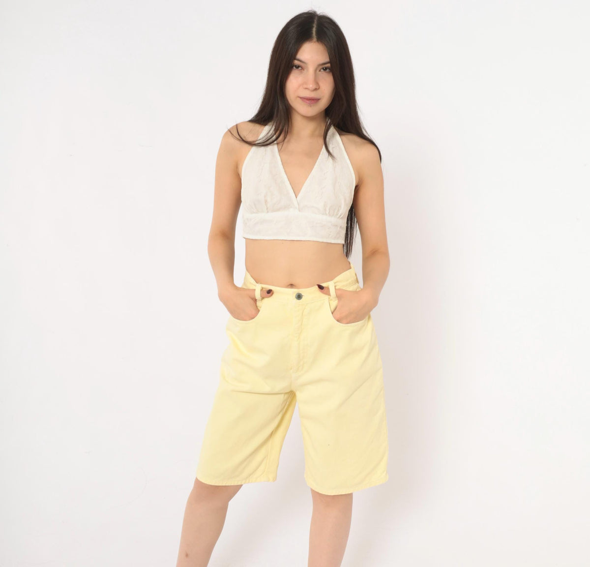 90s Paris Sportclub Yellow Denim Shorts High Waisted Cotton Bermuda Medium