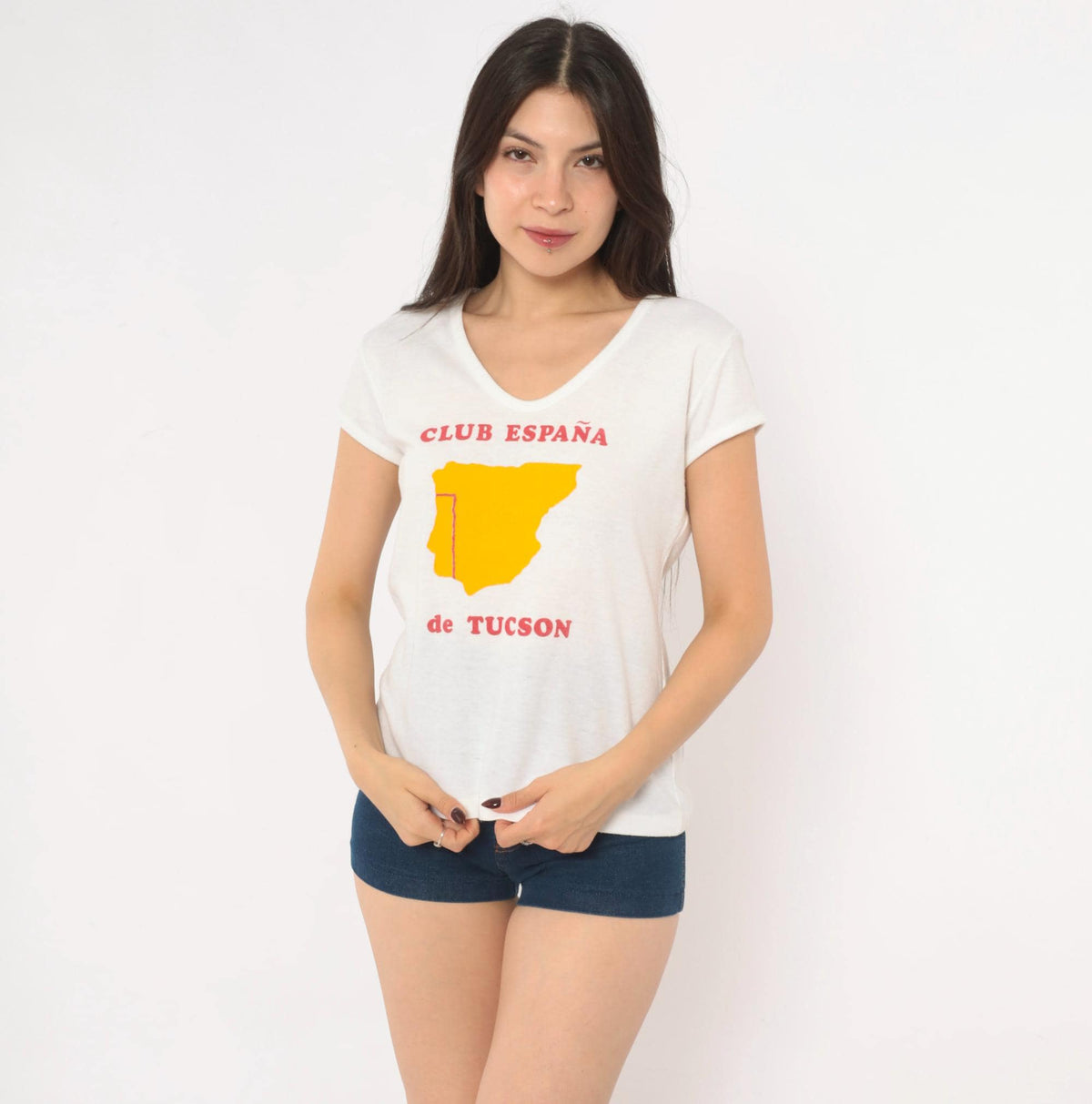 80s Club España Tucson Souvenir Tee White V-Neck Spain Map Print Large