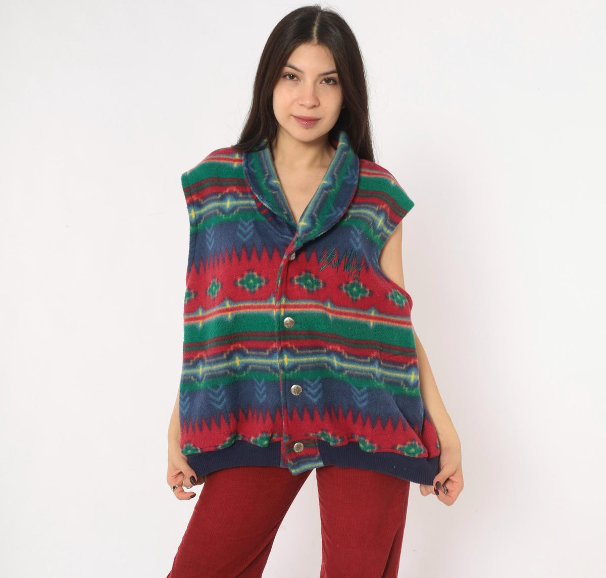90s Emi Southwestern Fleece Vest Red Blue Geometric Shawl Collar Large L