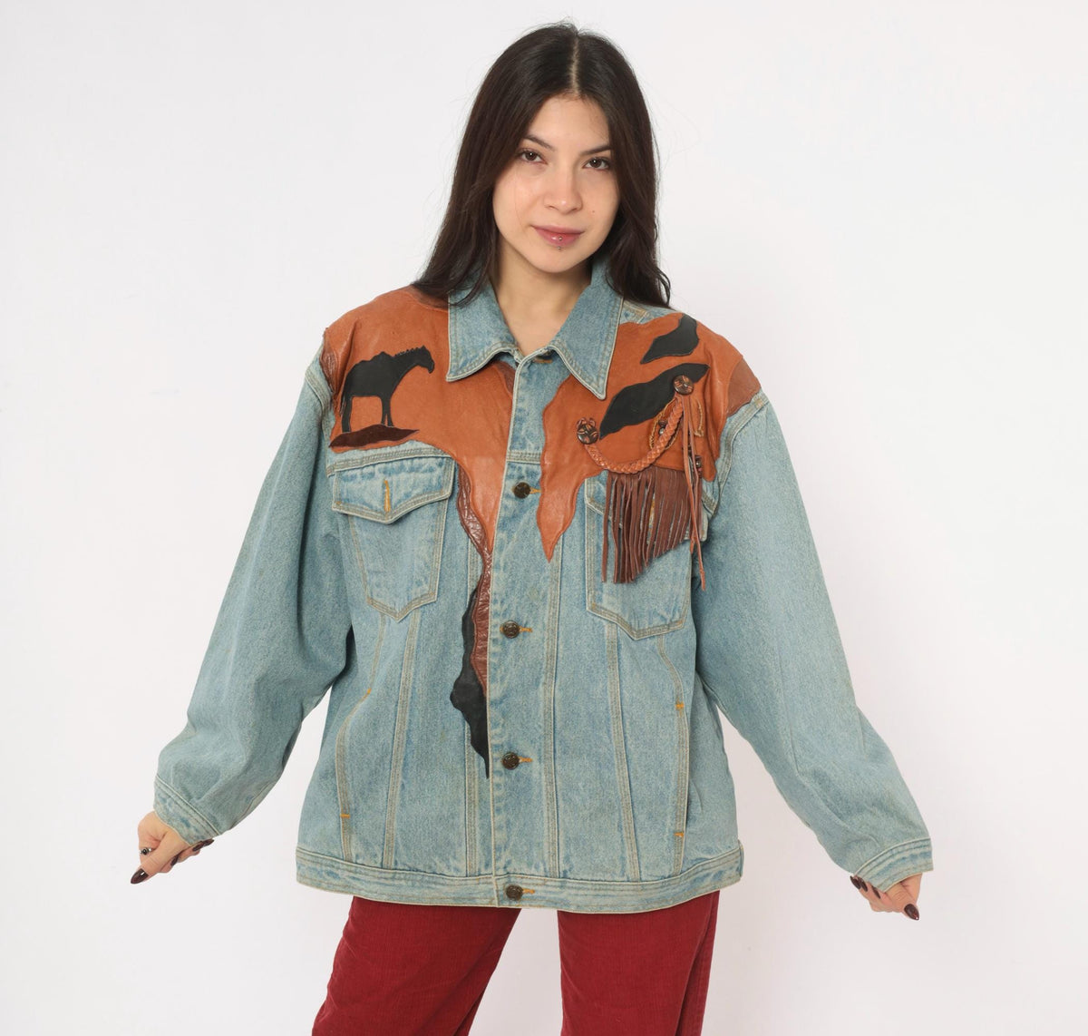 90s Petra C. Wall Denim Jacket Western Leather Cowboy Horse Patchwork Light Blue Medium M