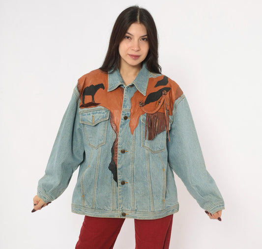 90s Petra C. Wall Denim Jacket Western Leather Cowboy Horse Patchwork Light Blue Medium M