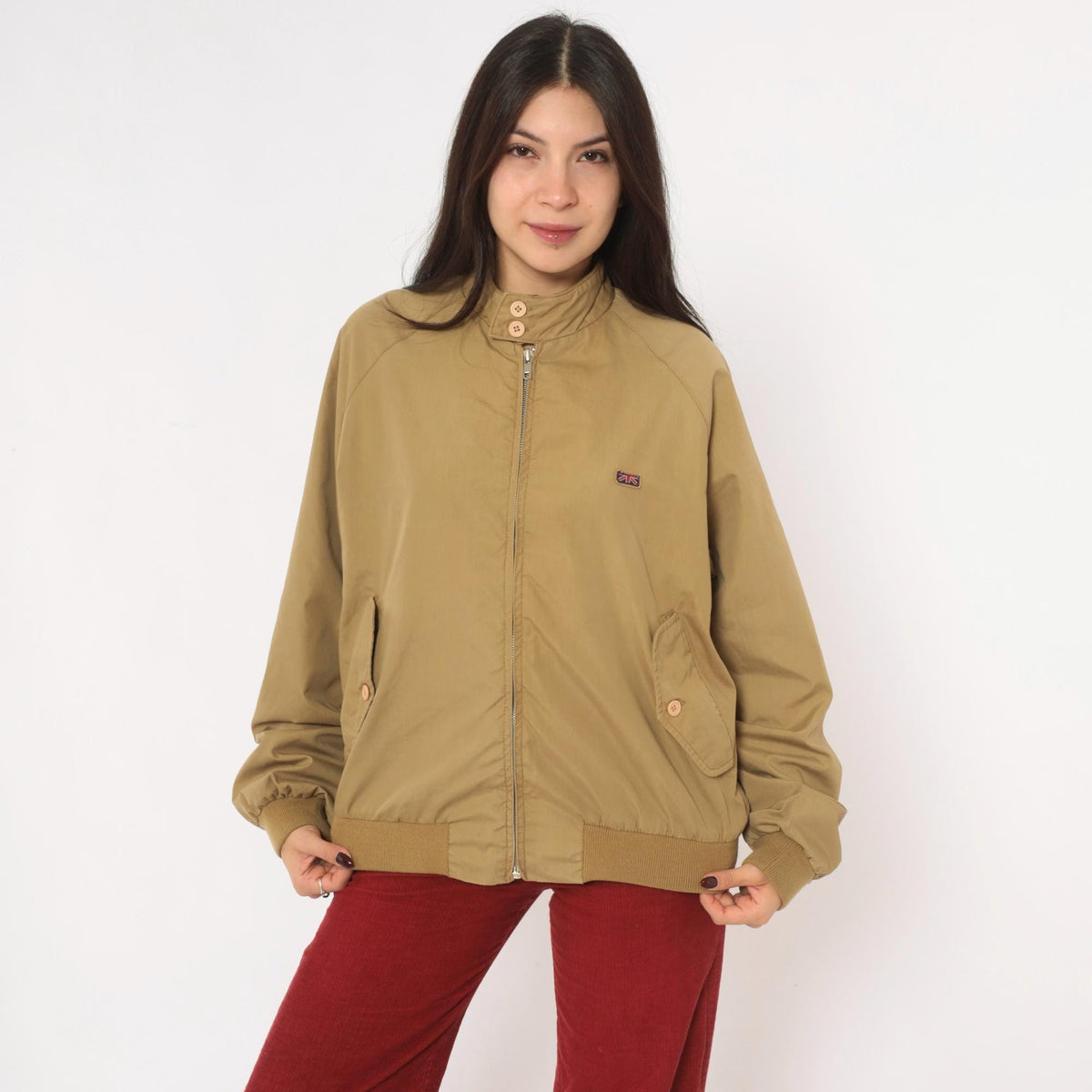 80s Brittania Harrington Jacket Beige Cotton Raglan Stand Collar Medium