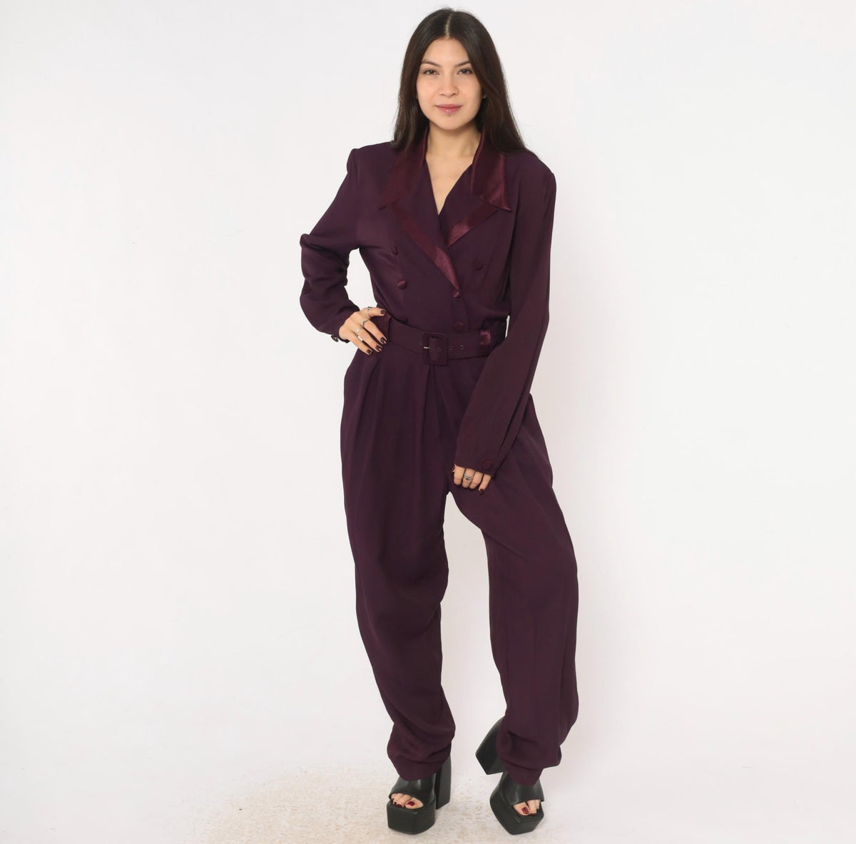 80s Studio I Plum Jumpsuit Double Breasted Satin Collar Belted Small