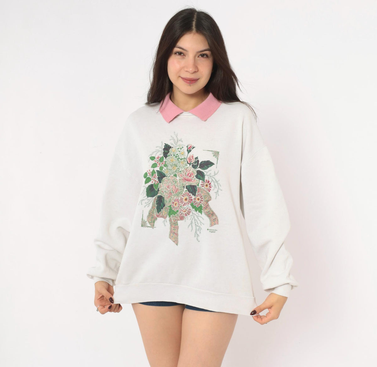 90s Morning Sun Floral Sweatshirt Pink Roses Off White Raglan Large L