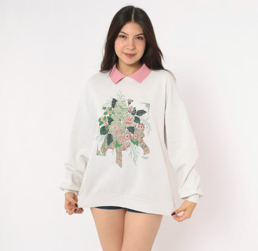 90s Morning Sun Floral Sweatshirt Pink Roses Off White Raglan Large L