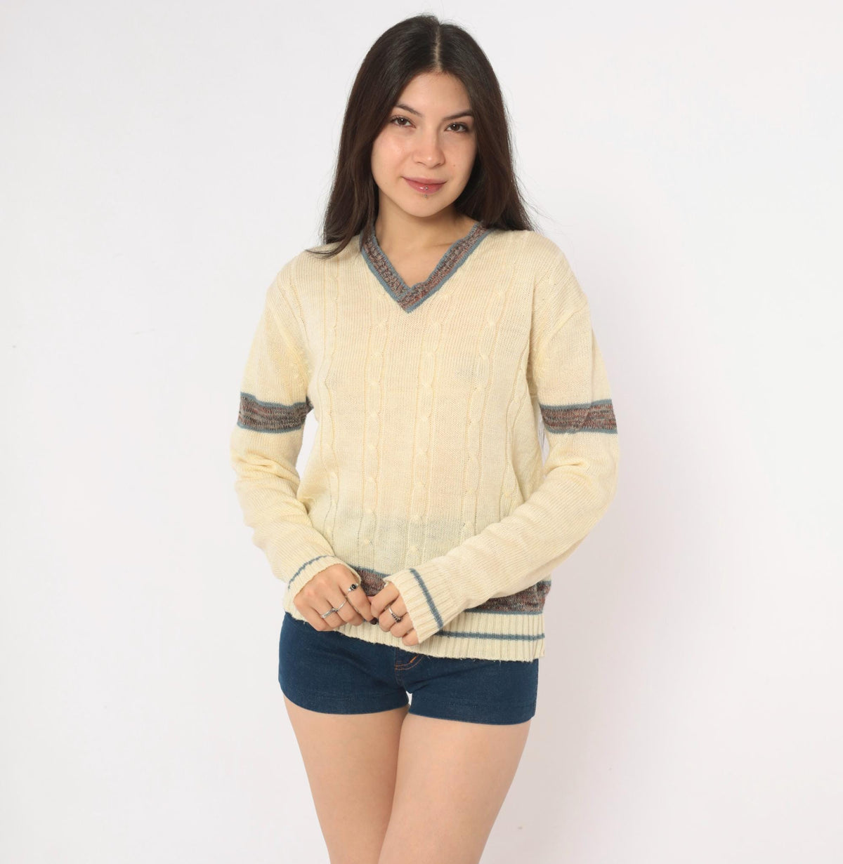70s Kennington Cable Knit Sweater Cream V Neck Stripe Pullover Small