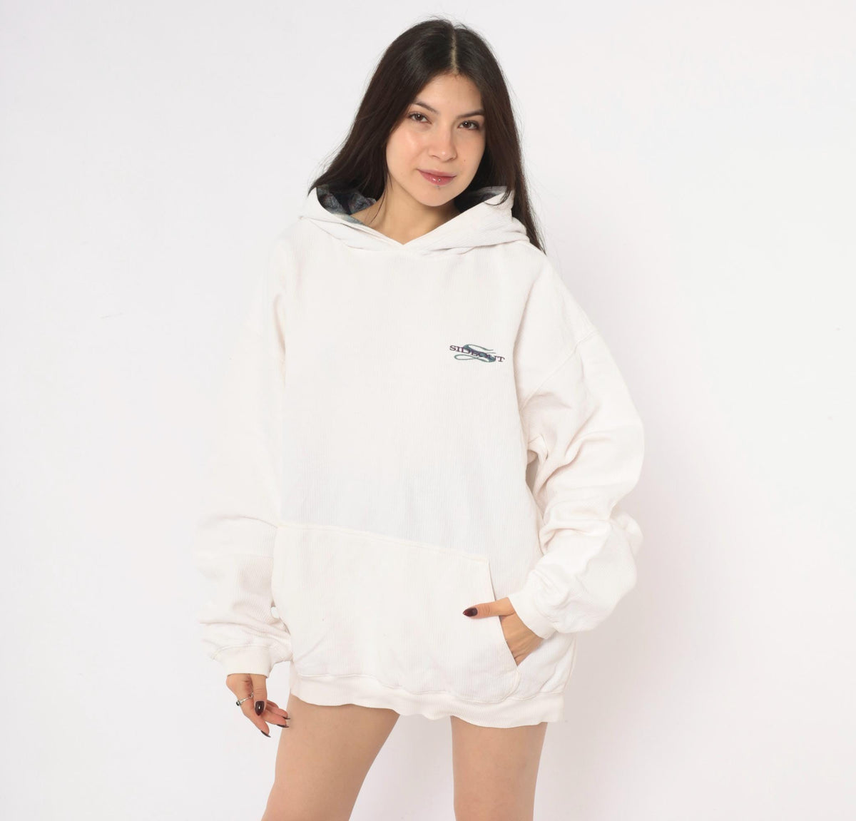 90s Side Out Hoodie Cream Embroidered Logo Raglan Pullover Extra Large XL