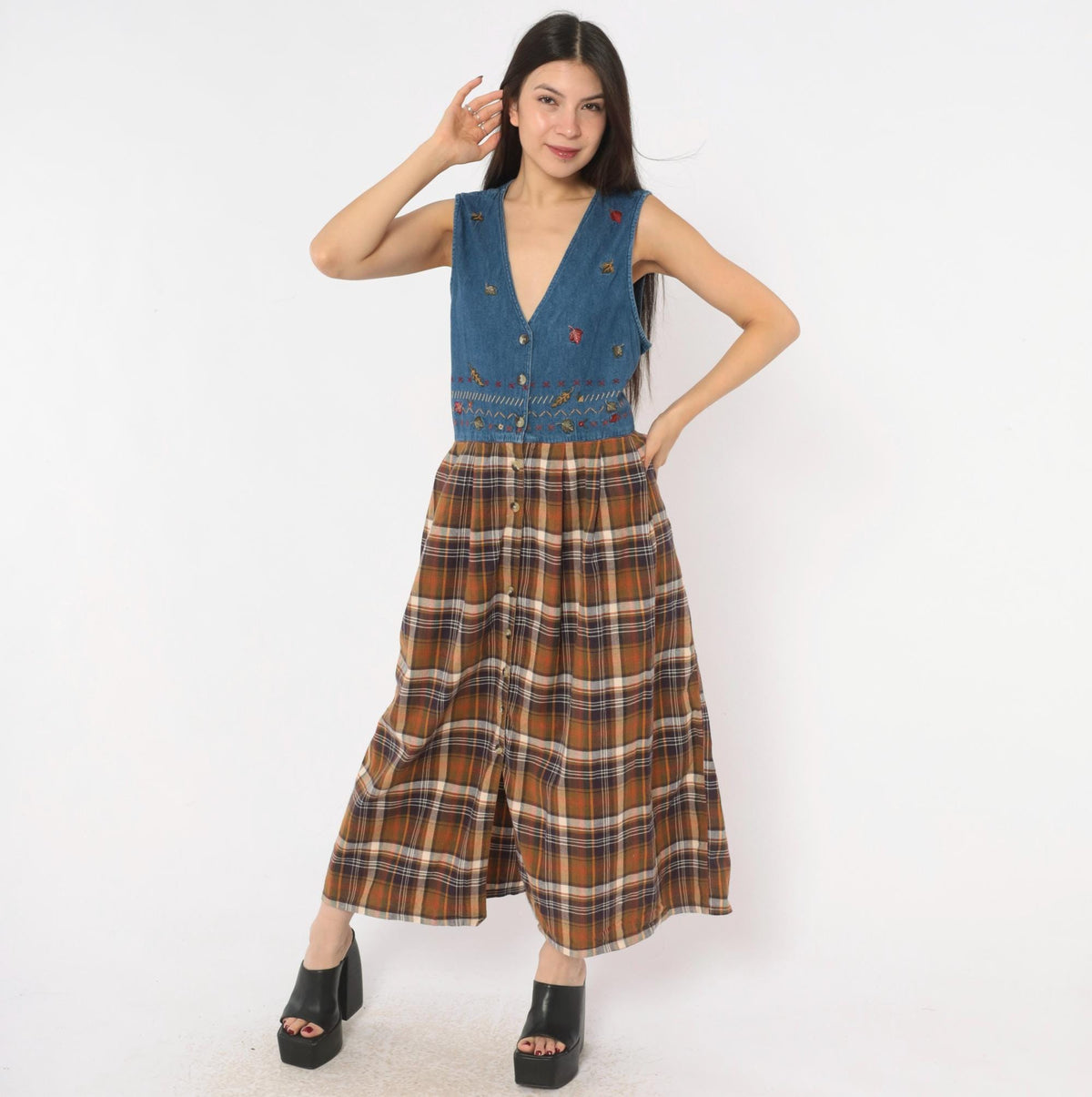 90s Casey&Max Denim Plaid Midi Dress Embroidered Leaves V Neck Large