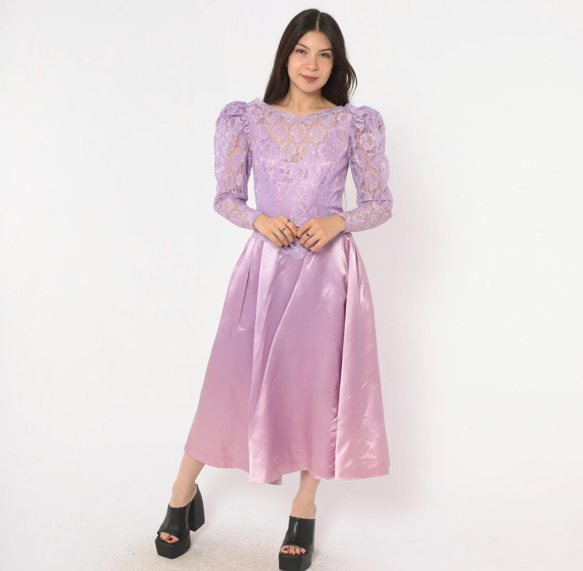 80s Lavender Lace Midi Dress Puff Sleeve Satin Purple V Neck Small
