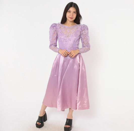 80s Lavender Lace Midi Dress Puff Sleeve Satin Purple V Neck Small