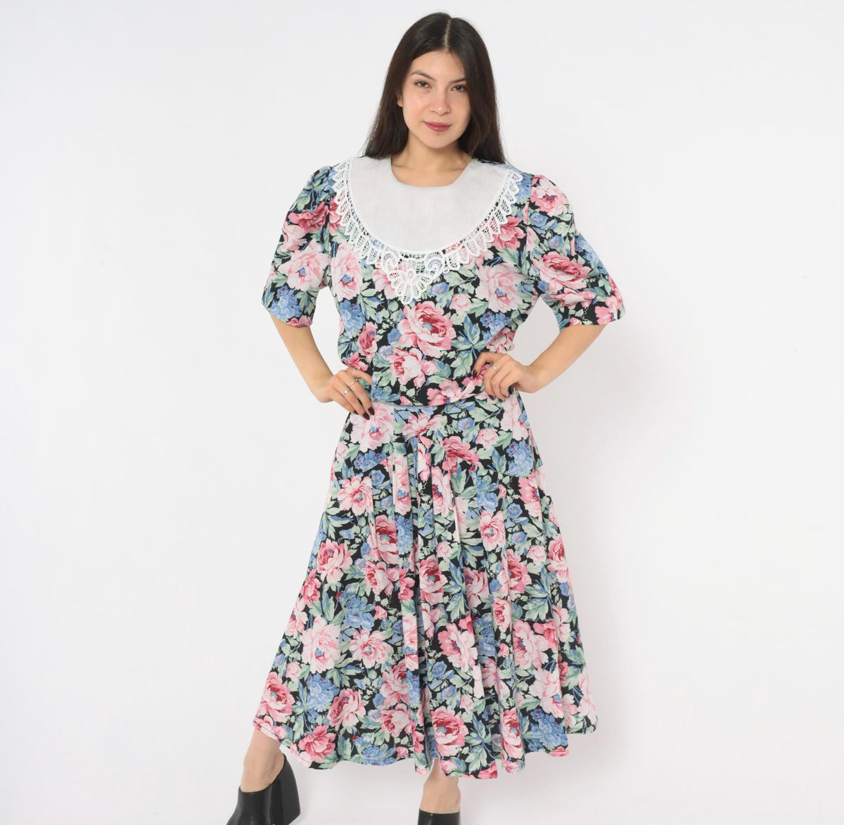 80s Floral Midi Dress Black Pink Rose Lace Collar Puff Sleeve Drop Waist Large L