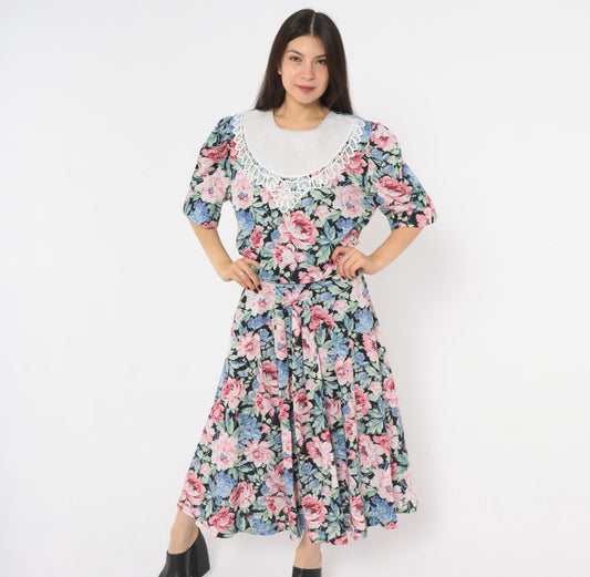 80s Floral Midi Dress Black Pink Rose Lace Collar Puff Sleeve Drop Waist Large L