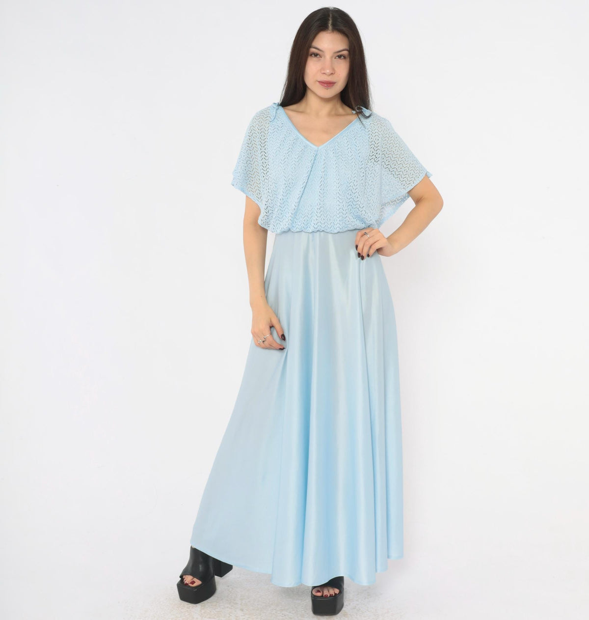 70s Light Blue Maxi Dress Pointelle Knit Capelet V Neck Flutter Sleeve Small