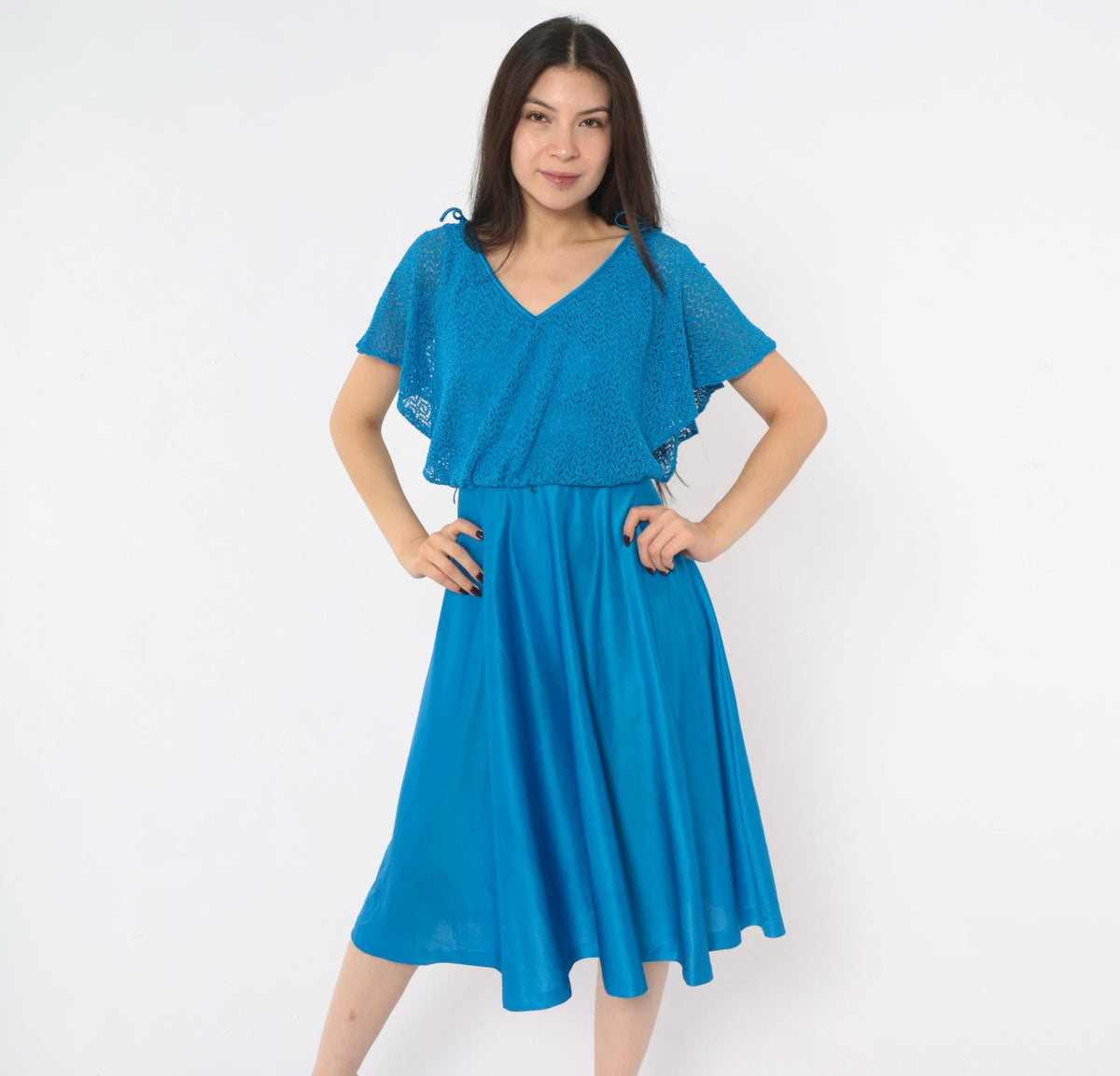 70s Cobalt Blue Crochet Knit Dress Flutter Sleeve V Neck Drop Waist Small
