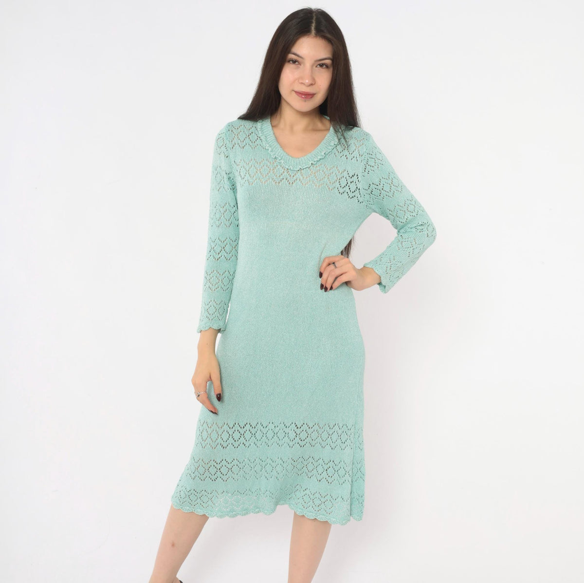 70s Seafoam Pointelle Knit Dress Cotton V-Neck Scalloped Long Sleeve Medium