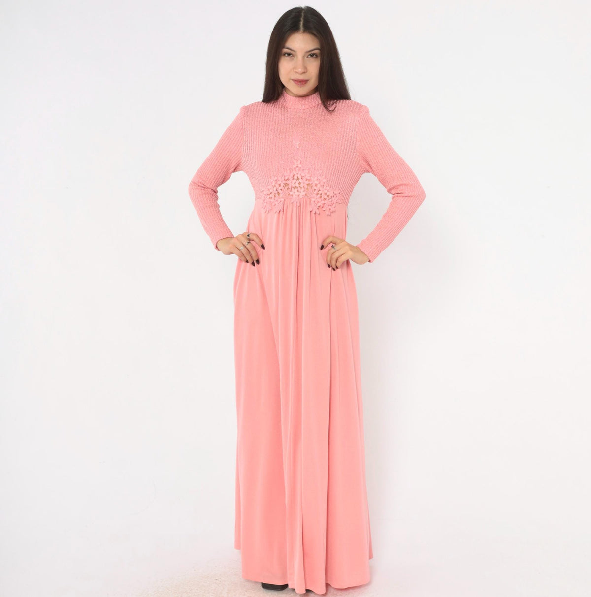 70s Pink Maxi Dress Knit Bodice Floral Lace Empire Waist Long Sleeve Medium