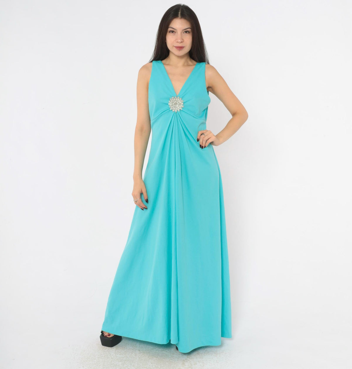 70s Turquoise Maxi Dress Deep V Neck Empire Waist Rhinestone Brooch Large L