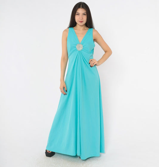 70s Turquoise Maxi Dress Deep V Neck Empire Waist Rhinestone Brooch Large L
