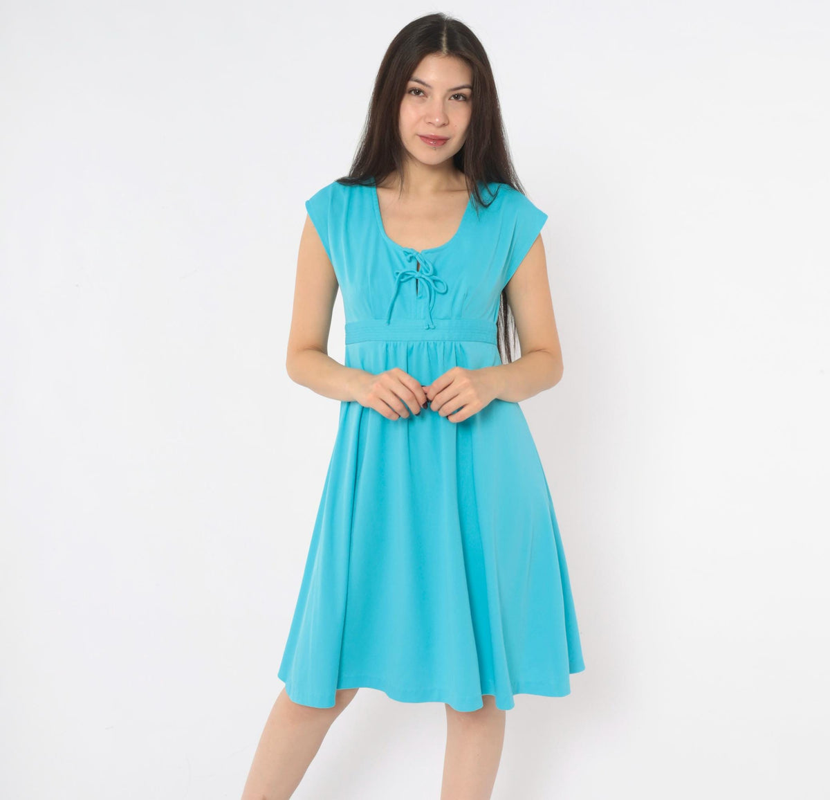 70s Teal Blue Knee-Length Dress Cap Sleeve Empire Waist Keyhole Tie Back Small