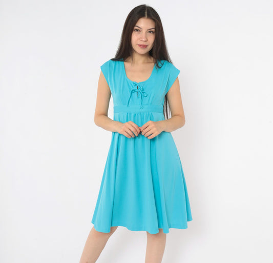 70s Teal Blue Knee-Length Dress Cap Sleeve Empire Waist Keyhole Tie Back Small
