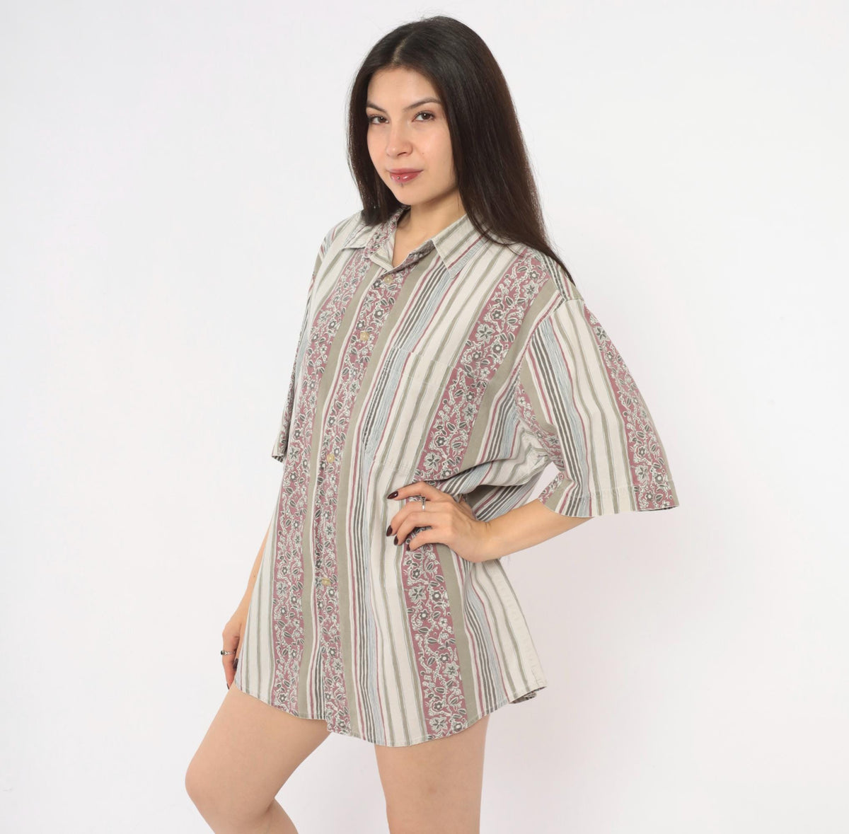 90s Key Elements Striped Floral Cotton Shirt Cream Rust Extra Large XXL