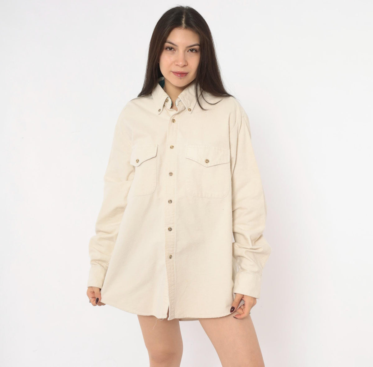 90s John Ashford Sport Cream Flannel Button Up Shirt Cotton Large