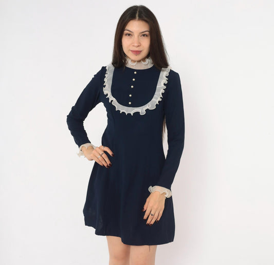 60s Navy Babydoll Dress White Ruffle Bib Mock Neck Pearl Buttons Small
