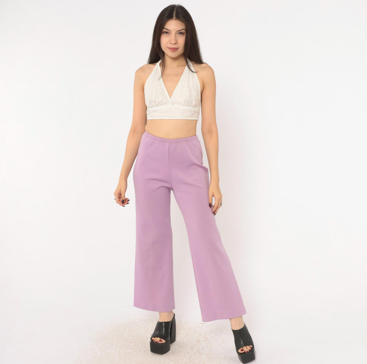 70s Lavender High-Waist Wide-Leg Flare Pants Pull-On Cropped Small