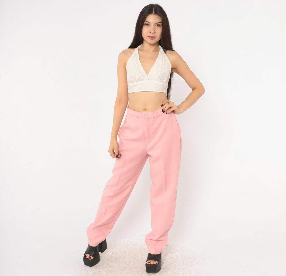 70s Bend Over Pink High-Waist Tapered Trousers Medium M