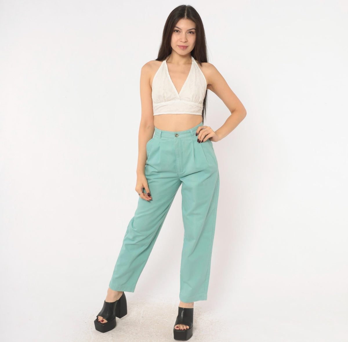 80s Petite Sophisticate Baby Blue Cotton High-Waist Pleated Tapered Trousers Extra Small