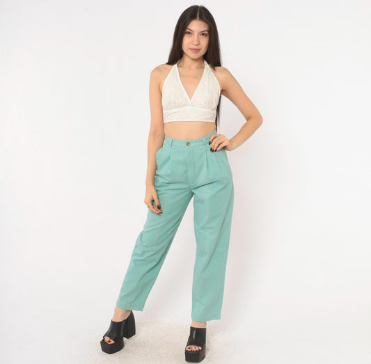 80s Petite Sophisticate Baby Blue Cotton High-Waist Pleated Tapered Trousers Extra Small