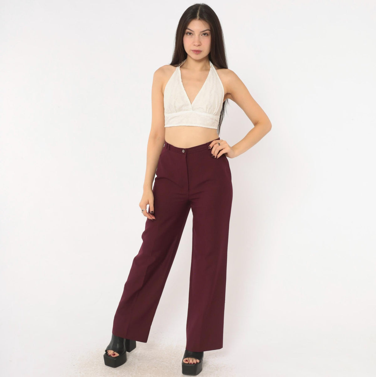 70s Panther Burgundy High-Waist Wide-Leg Trousers Disco Small S