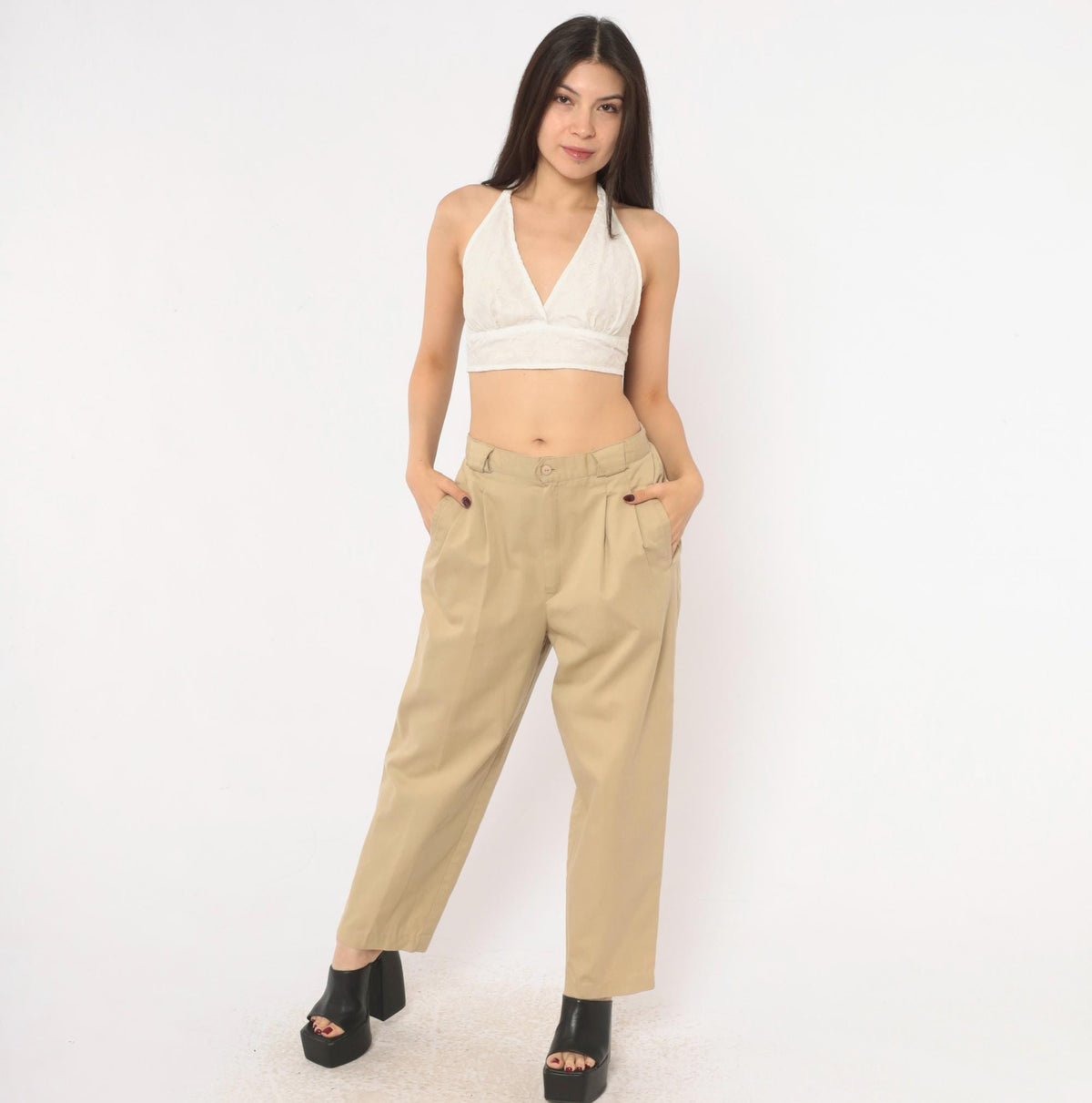 80s Casablanca Pleated Khaki Trousers High Waist Tapered Ankle Beige Medium