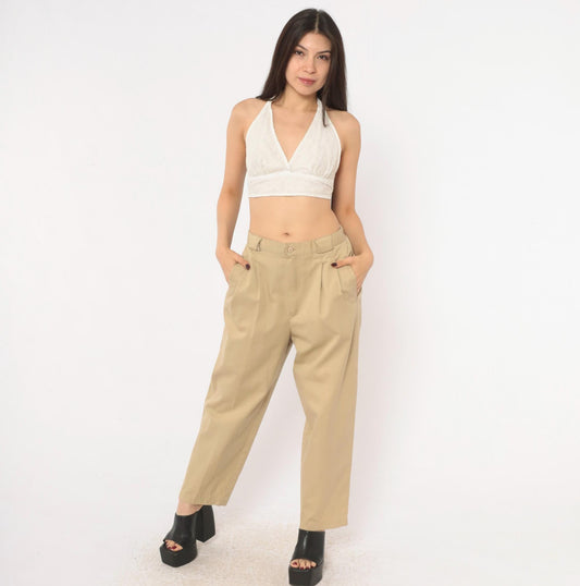 80s Casablanca Pleated Khaki Trousers High Waist Tapered Ankle Beige Medium